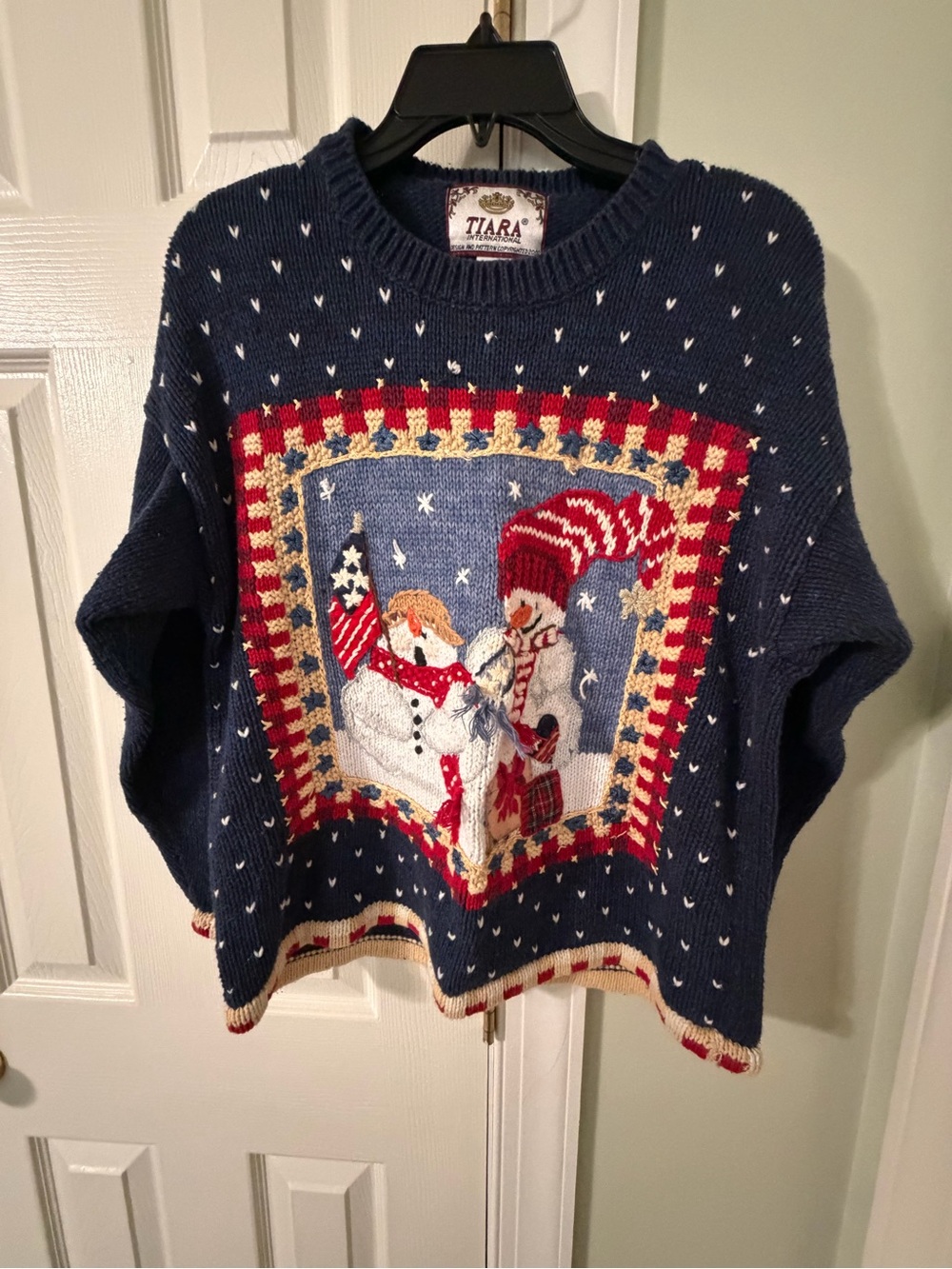 Tiara Navy Blue Snowman Patchwork Holiday Crewneck Sweater